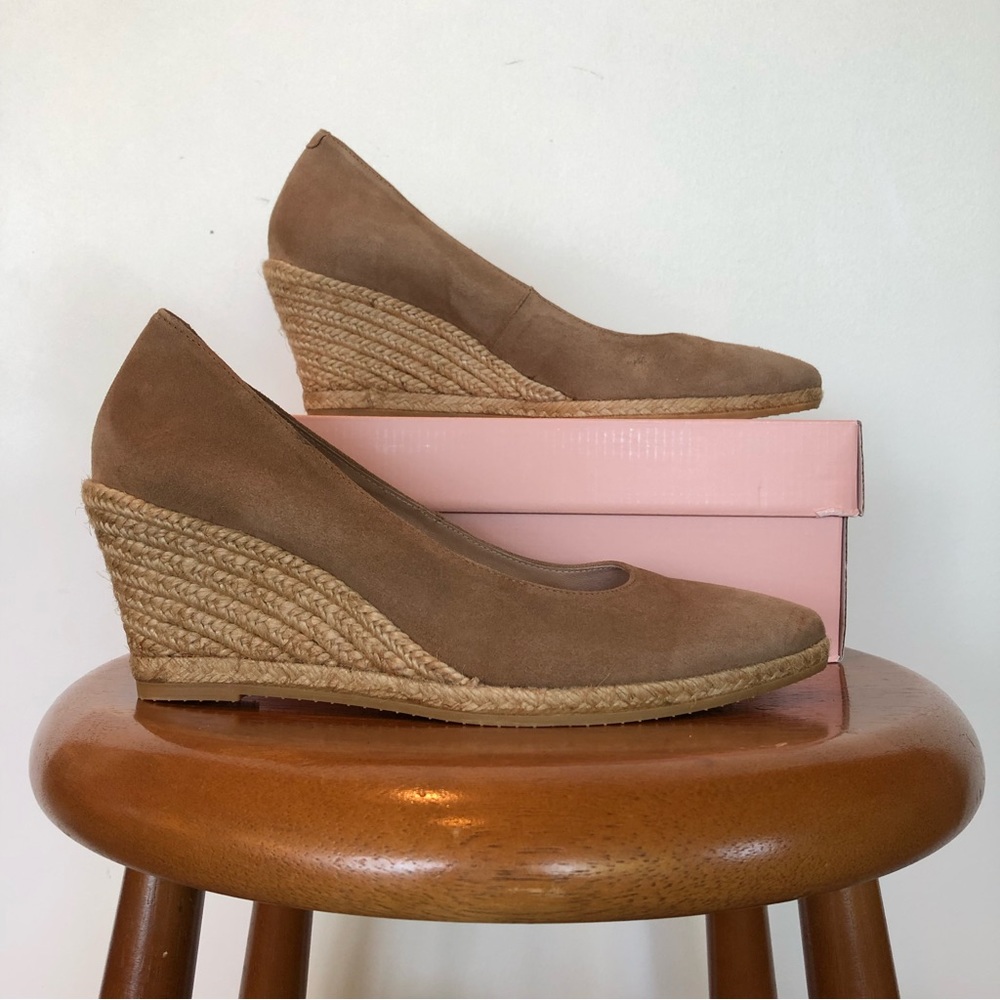 Eric Michael Teva Roses Camel Beige Suede Espadrille Wedges